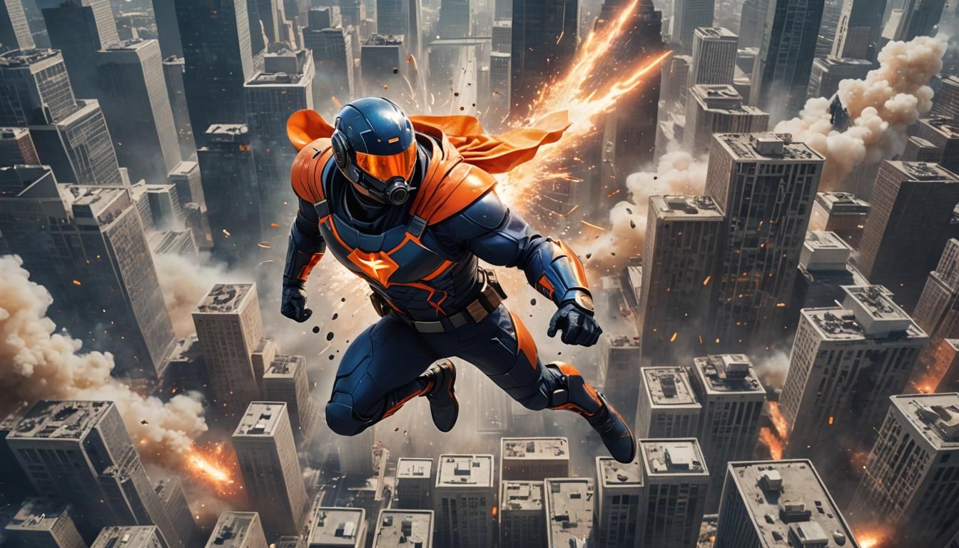 Superhero Flies Above Exploding City: Realistic Art