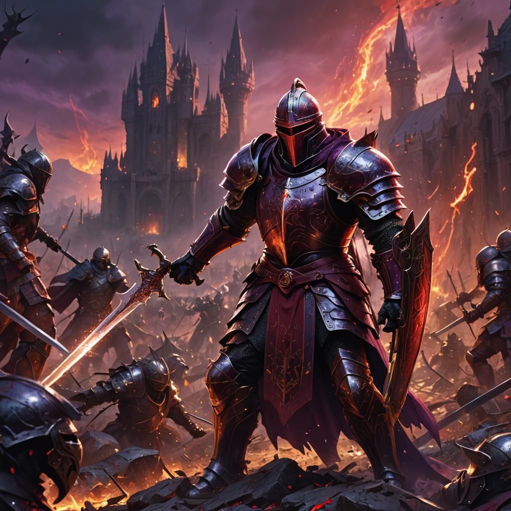 Majestic Crimson Knight with Glowing Sword, Dark Fantasy Art