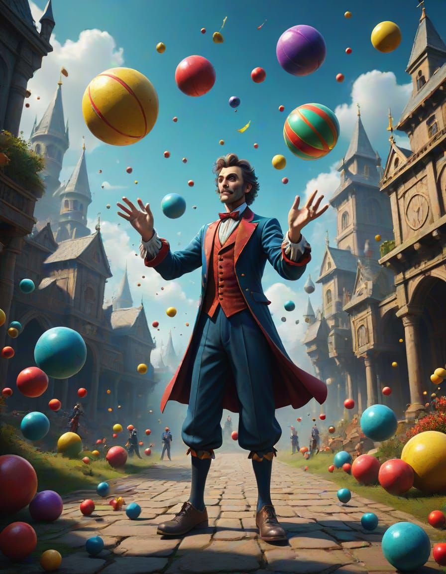 Fantastical Jugglers in Vibrant, Dreamlike World