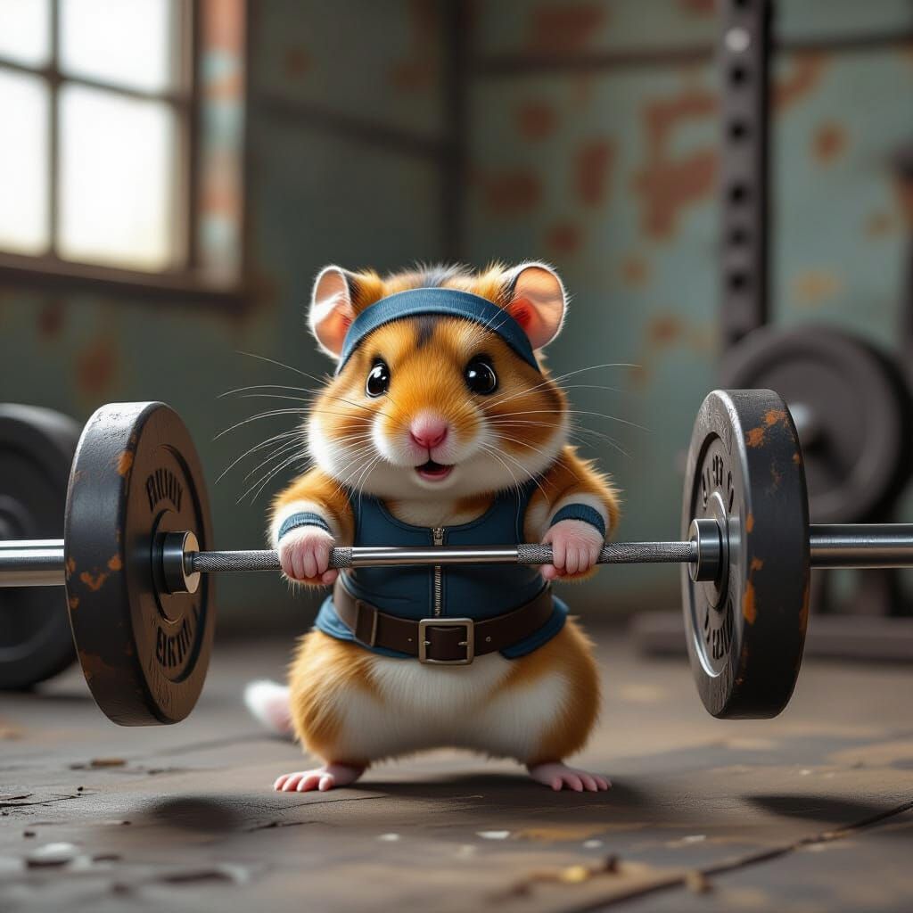 Hamster Weightlifter's Humorous Struggle in Gritty Gym