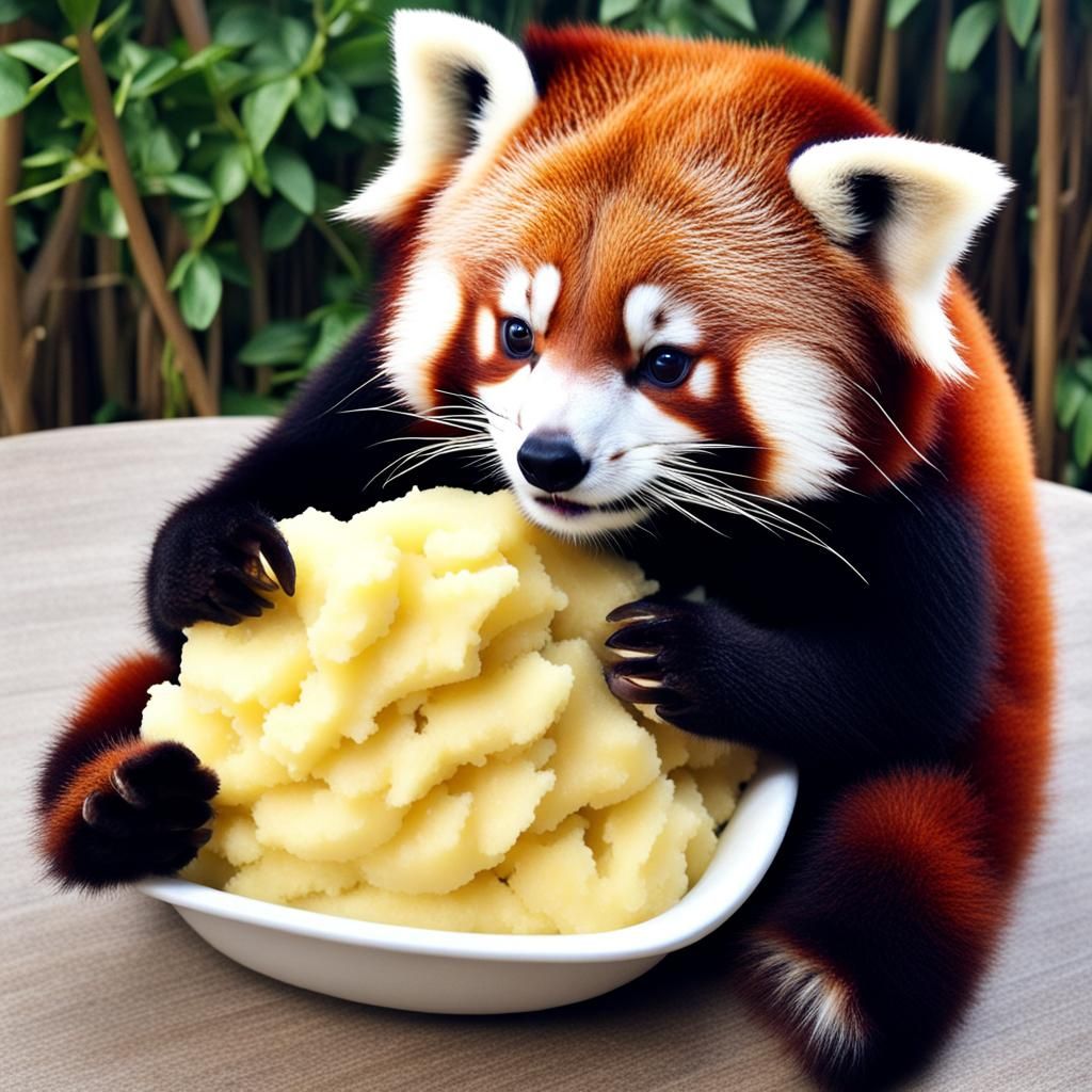 Red Panda Cuddles Up to Mashed Potatoes
