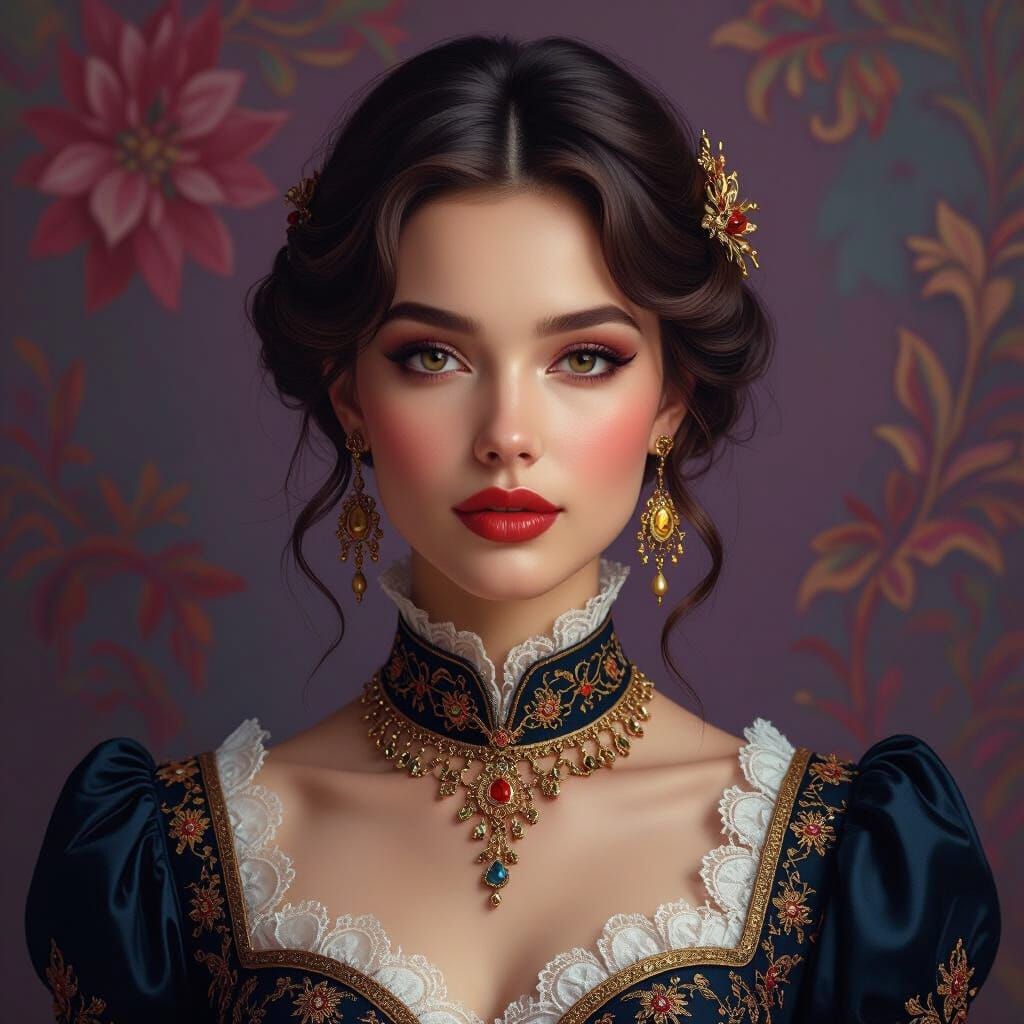 Hyperrealistic Woman in Elegant Attire, Deep Colors