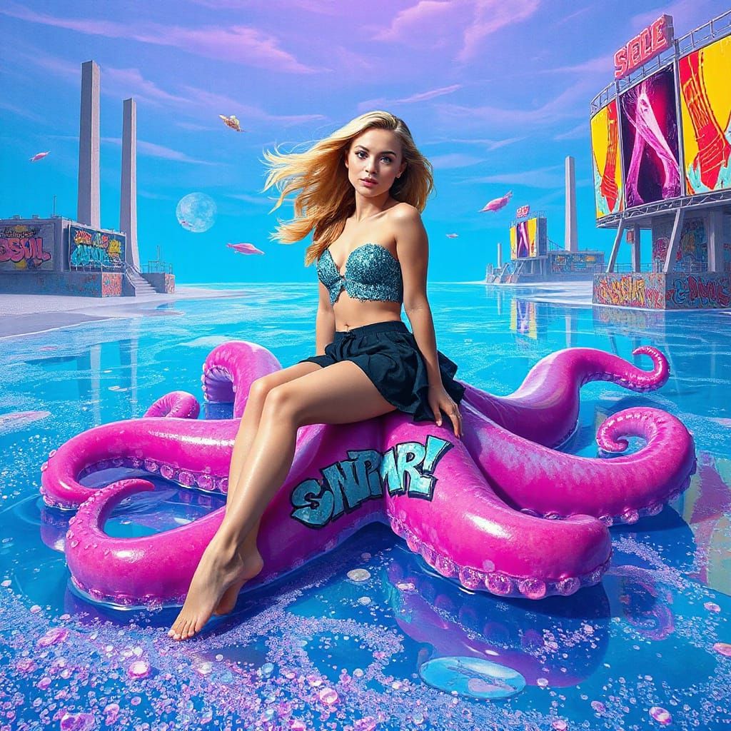 Woman on Gummy Octopus in Soda Ocean