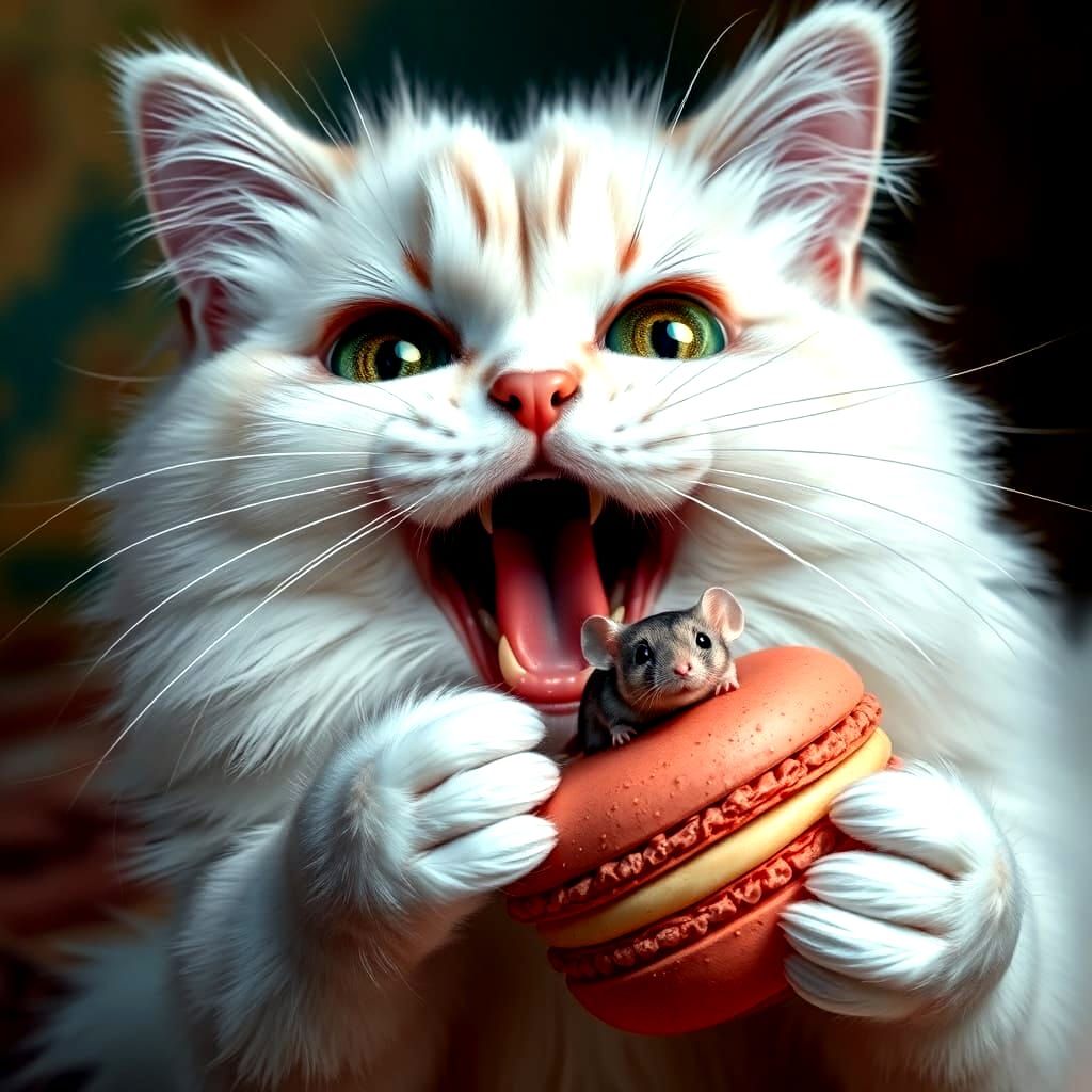 Angora Cat Delights in Mouse Macaron in Splendid Detail
