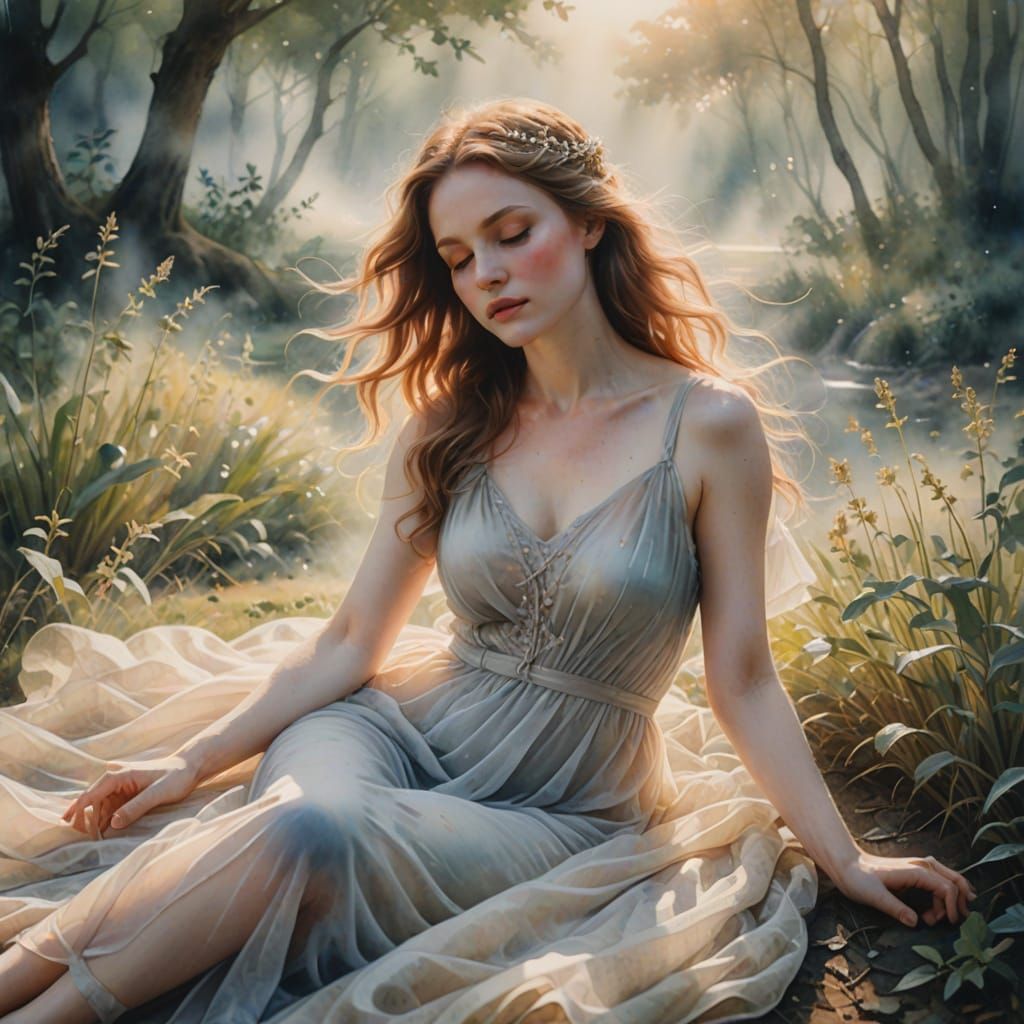 Romantic Watercolor of Woman on Chaise