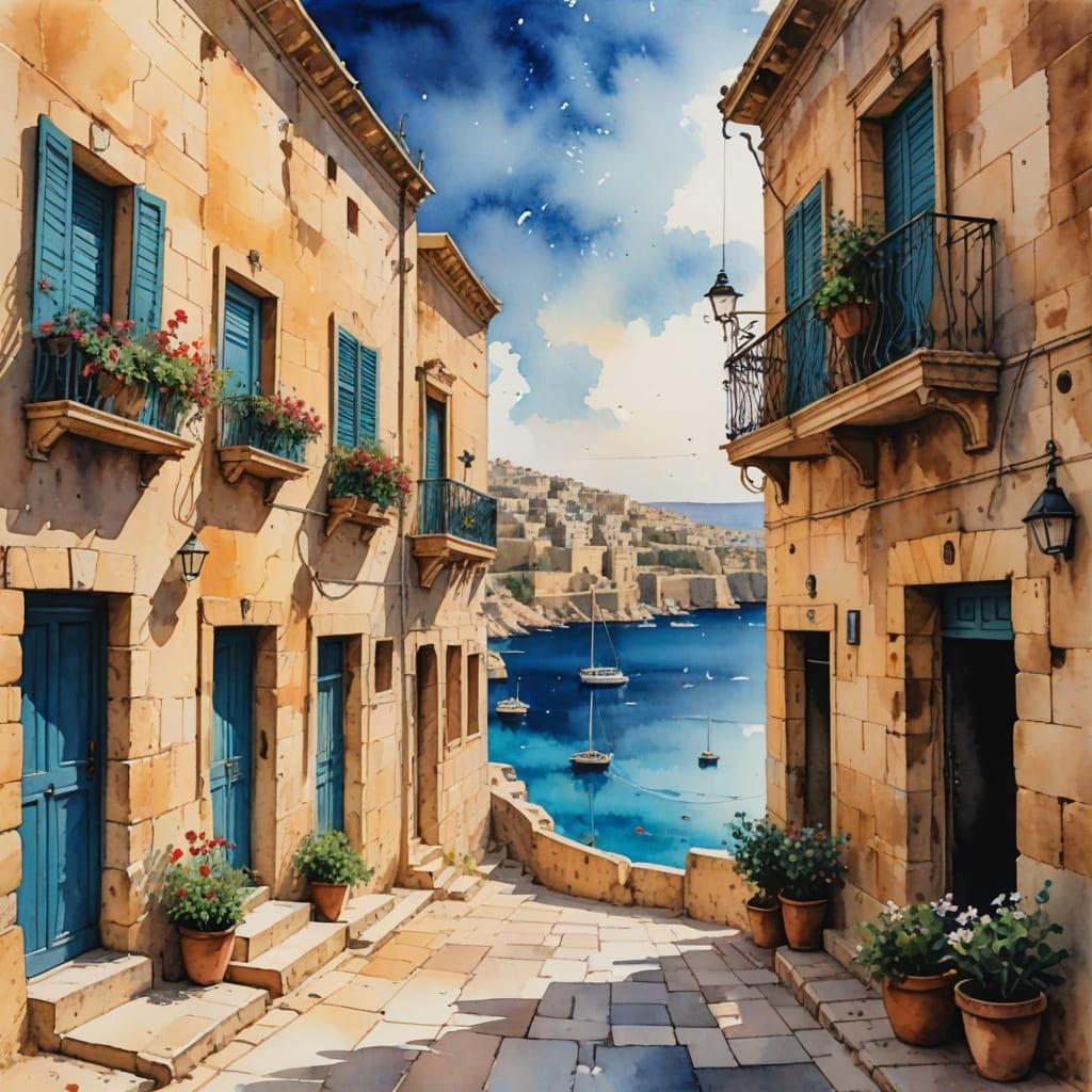 Romantic Malta Scene with Watercolor Illustration