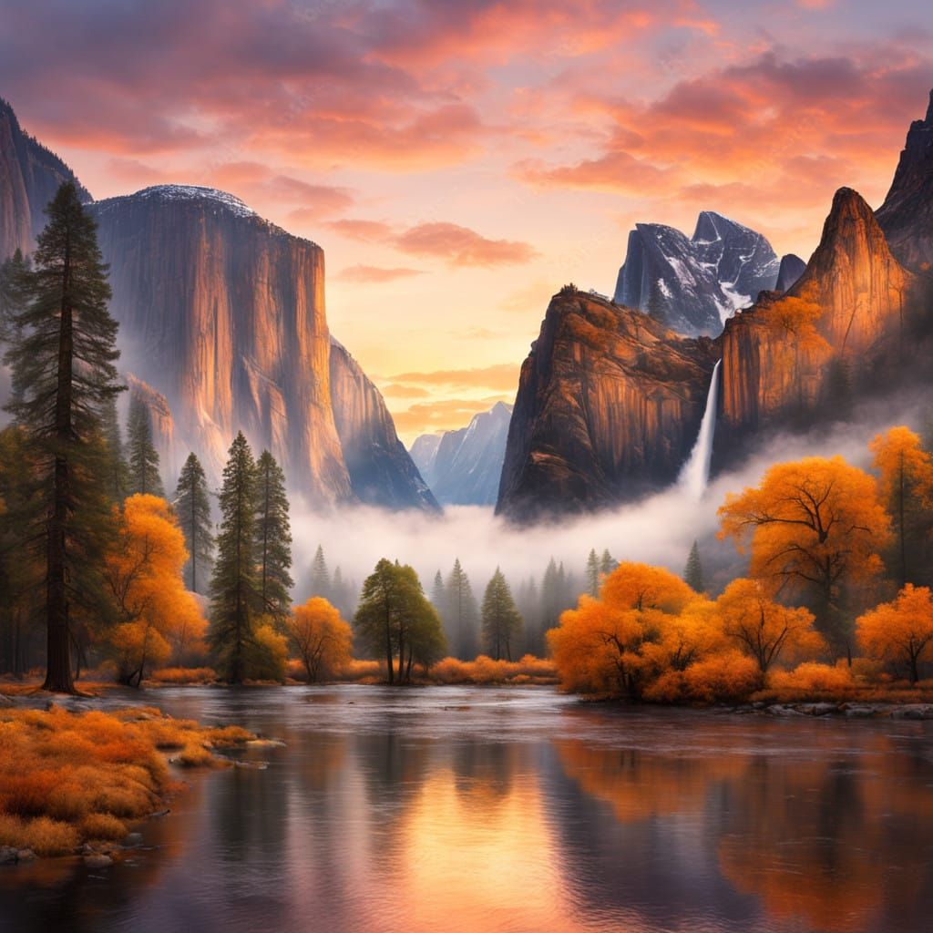 Majestic Yosemite Valley Sunrise in Impressionist Brushstrok...