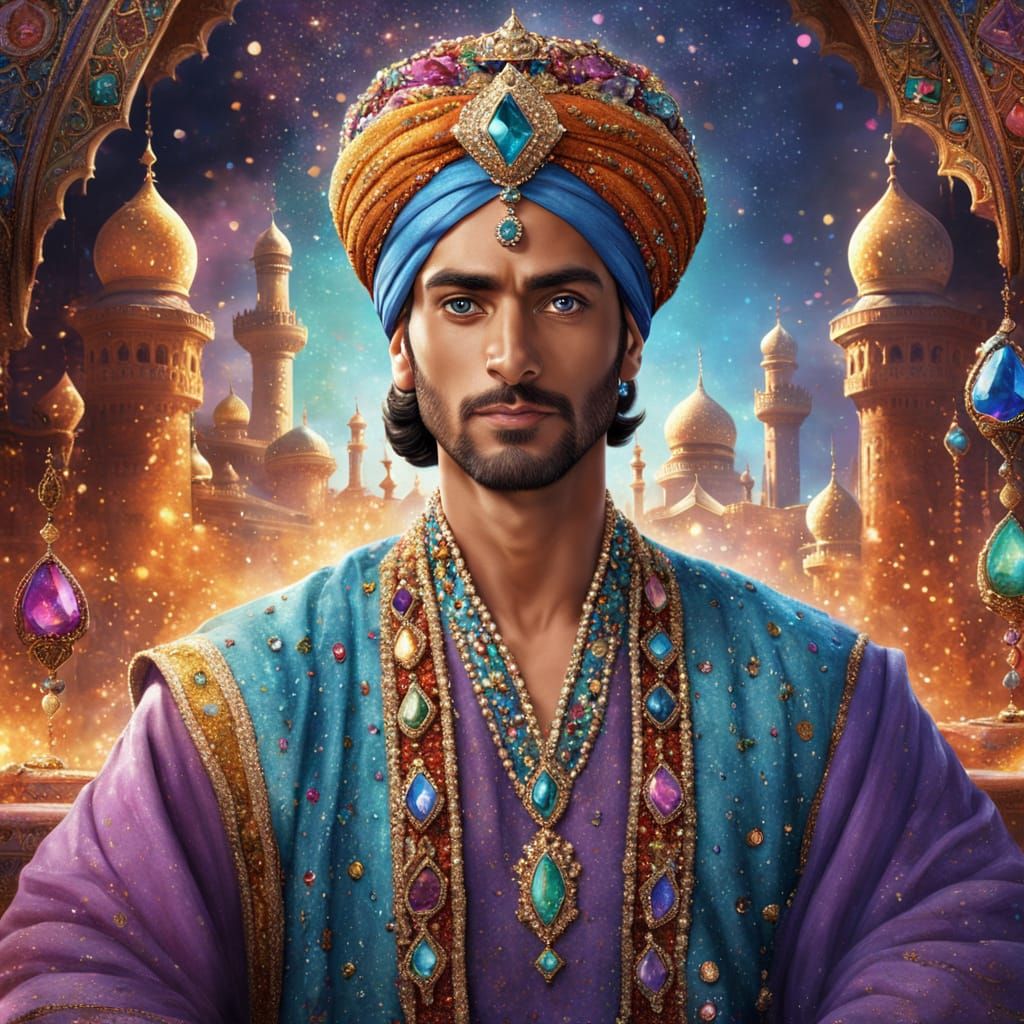 Majestic Sultan in Turban Crown with Colored Gemstones