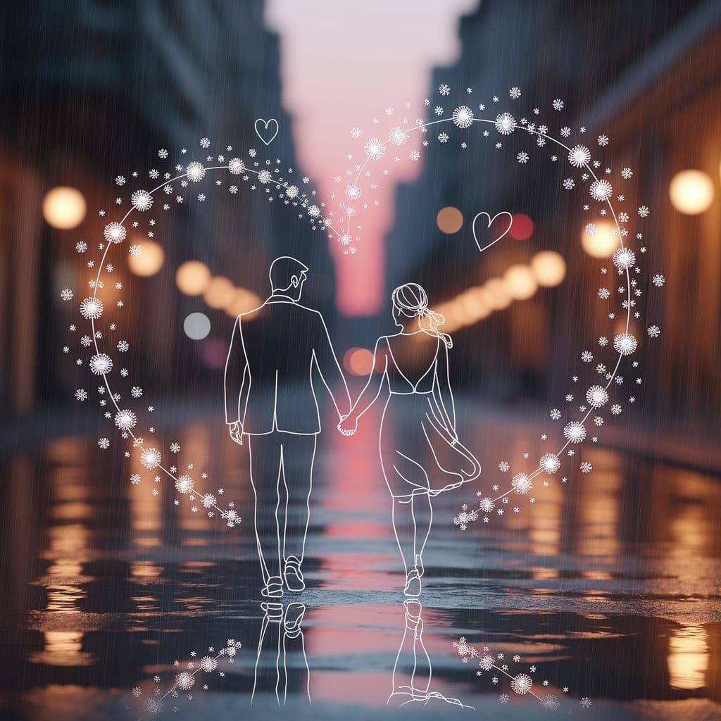 Dreamlike Twilight Street Scene with Couple Holding Hands