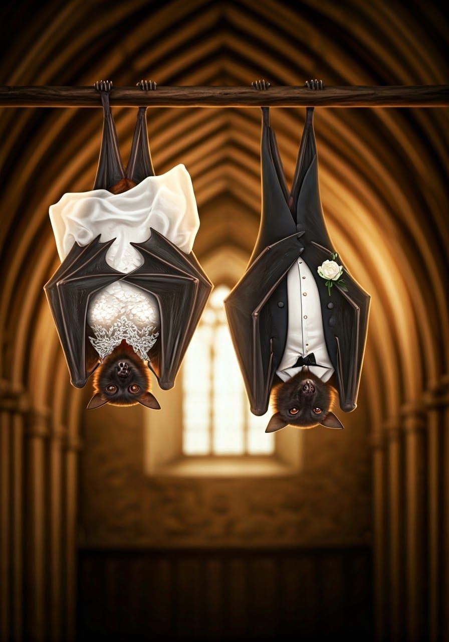 Bats in Gothic Wedding Attire Hang from Church Rafters