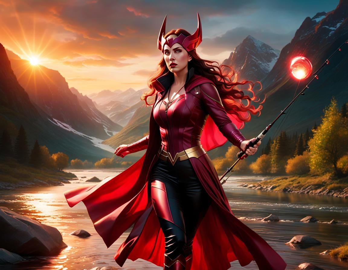 Scarlet Witch Fly Fishing at Sunset, Hyperrealistic Art