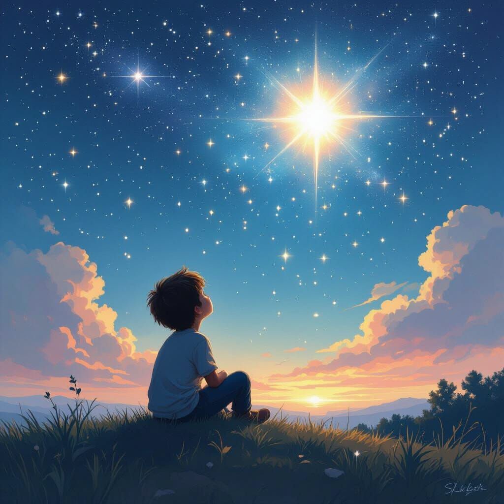 Boy Gazing at Celestial Sky in Dreamy Pastel Art