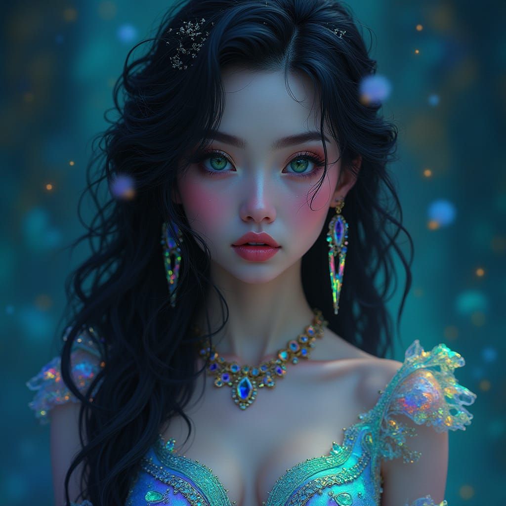 Ethereal Goddess in Iridescent Gown with Crystal Jewellery