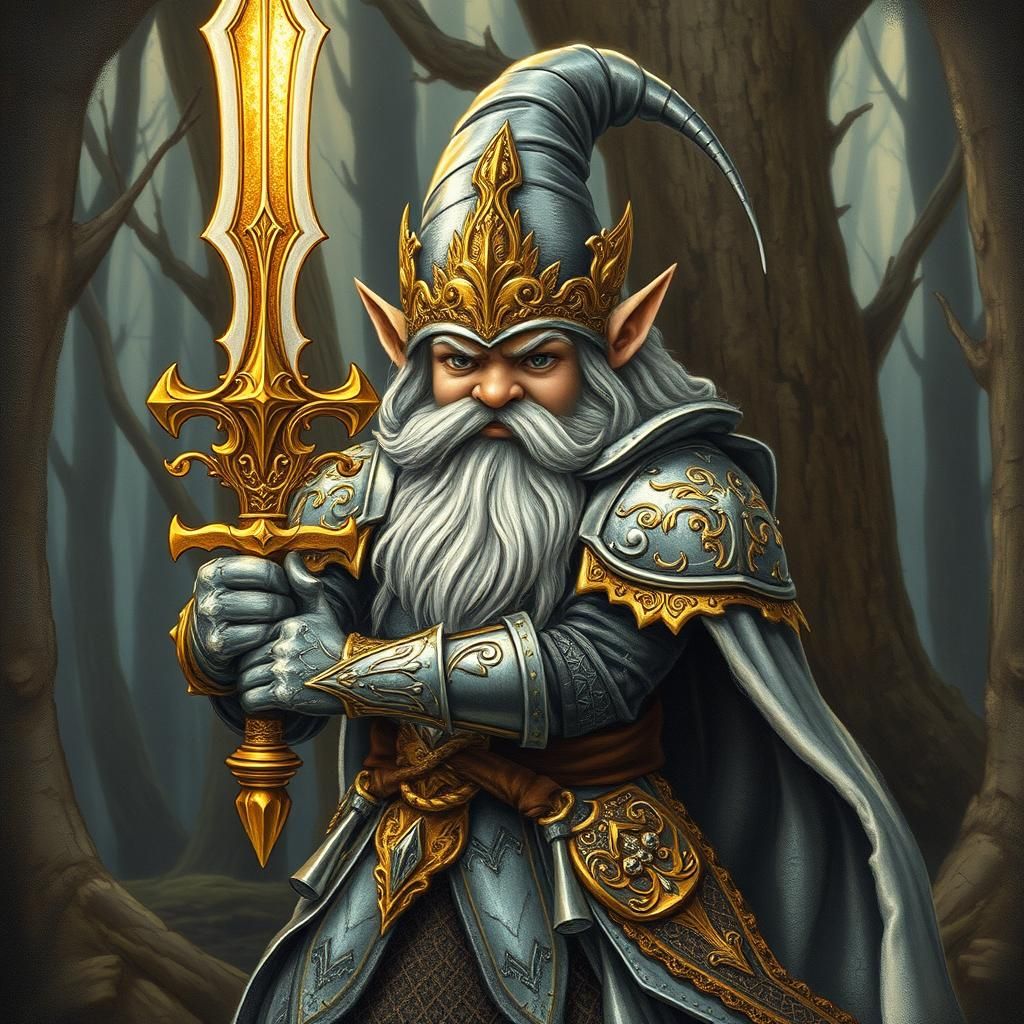 Gnome Warrior in Silver Armor with Gold Trim