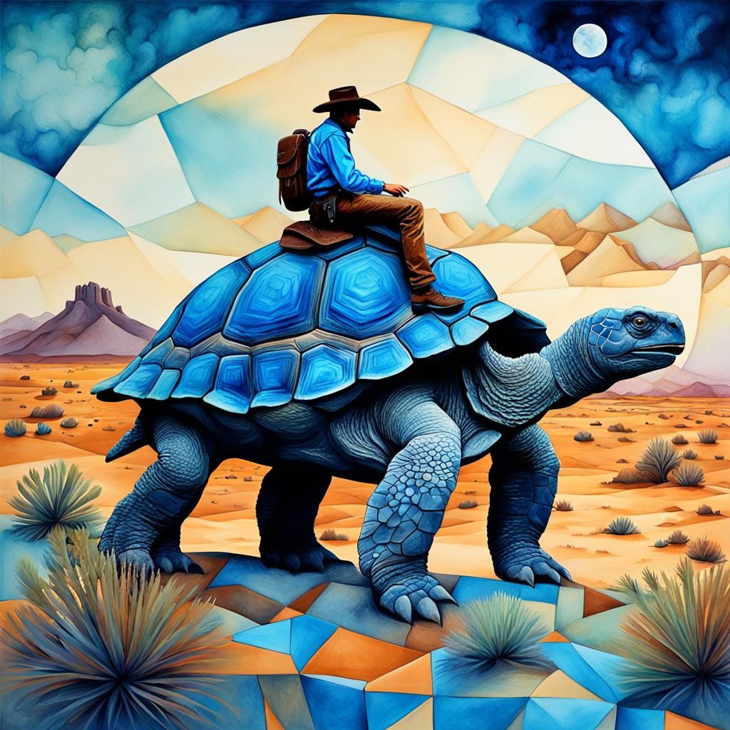 Cowboy Rides Tortoise in Desert Landscape, Cinematic Style