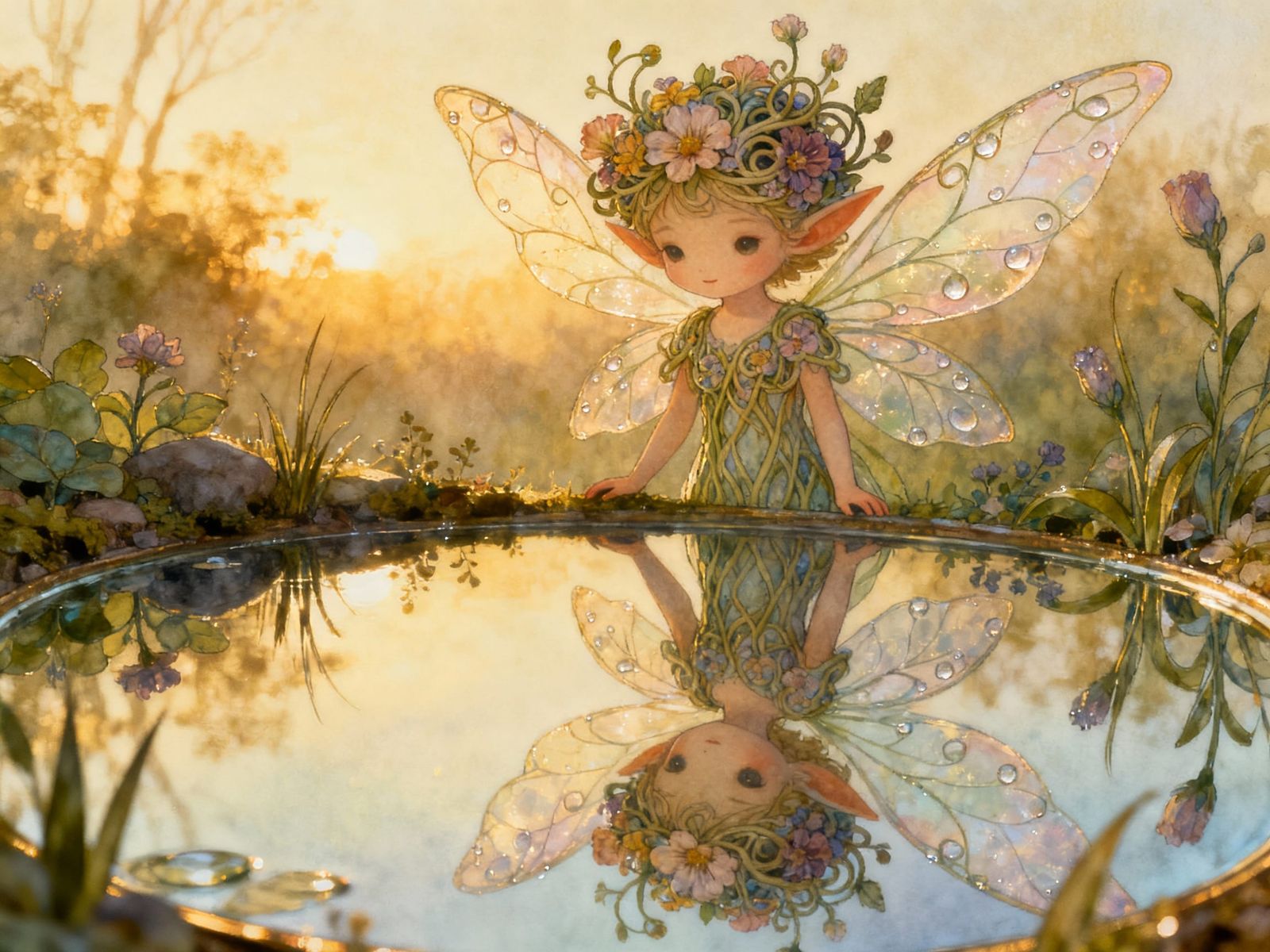 Cute Flower Elf Reflected in Mirror Pond, Detailed Storybook...