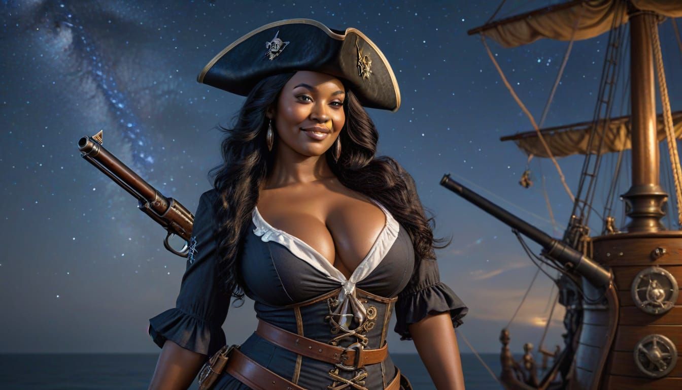 Curvy Ebony Pirate Woman Under Starry Sky