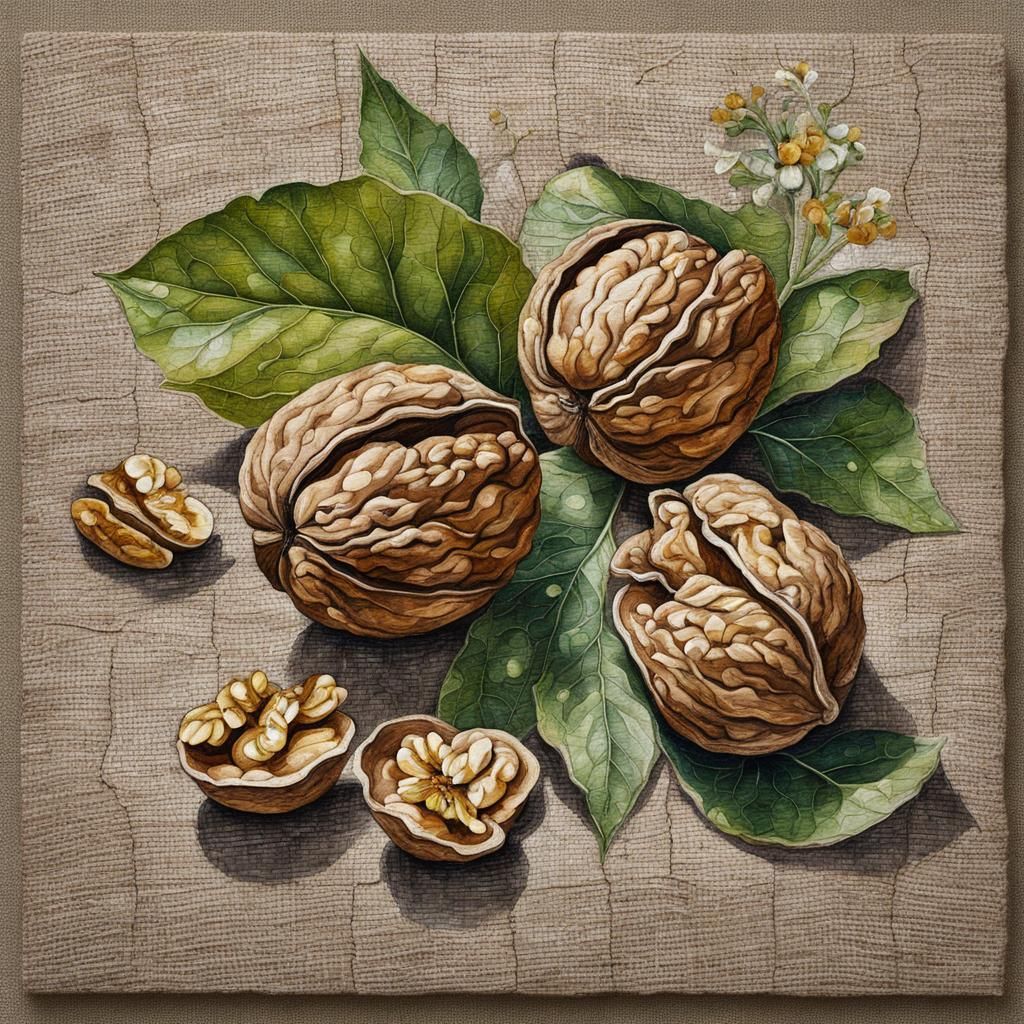 Detailed Watercolor Painting of Walnuts and Flowers