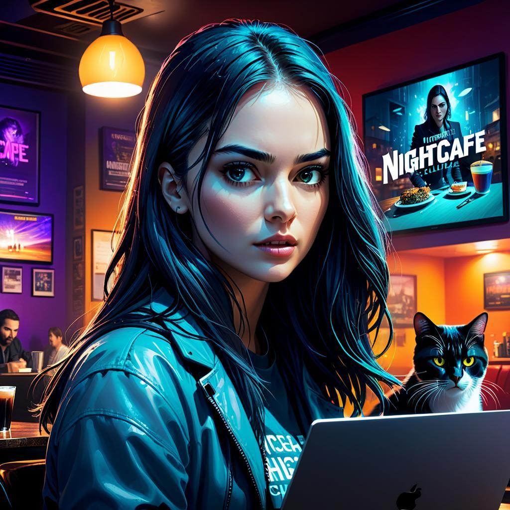 Nightcafe Challenge Movie Poster: Intense Woman and Cat