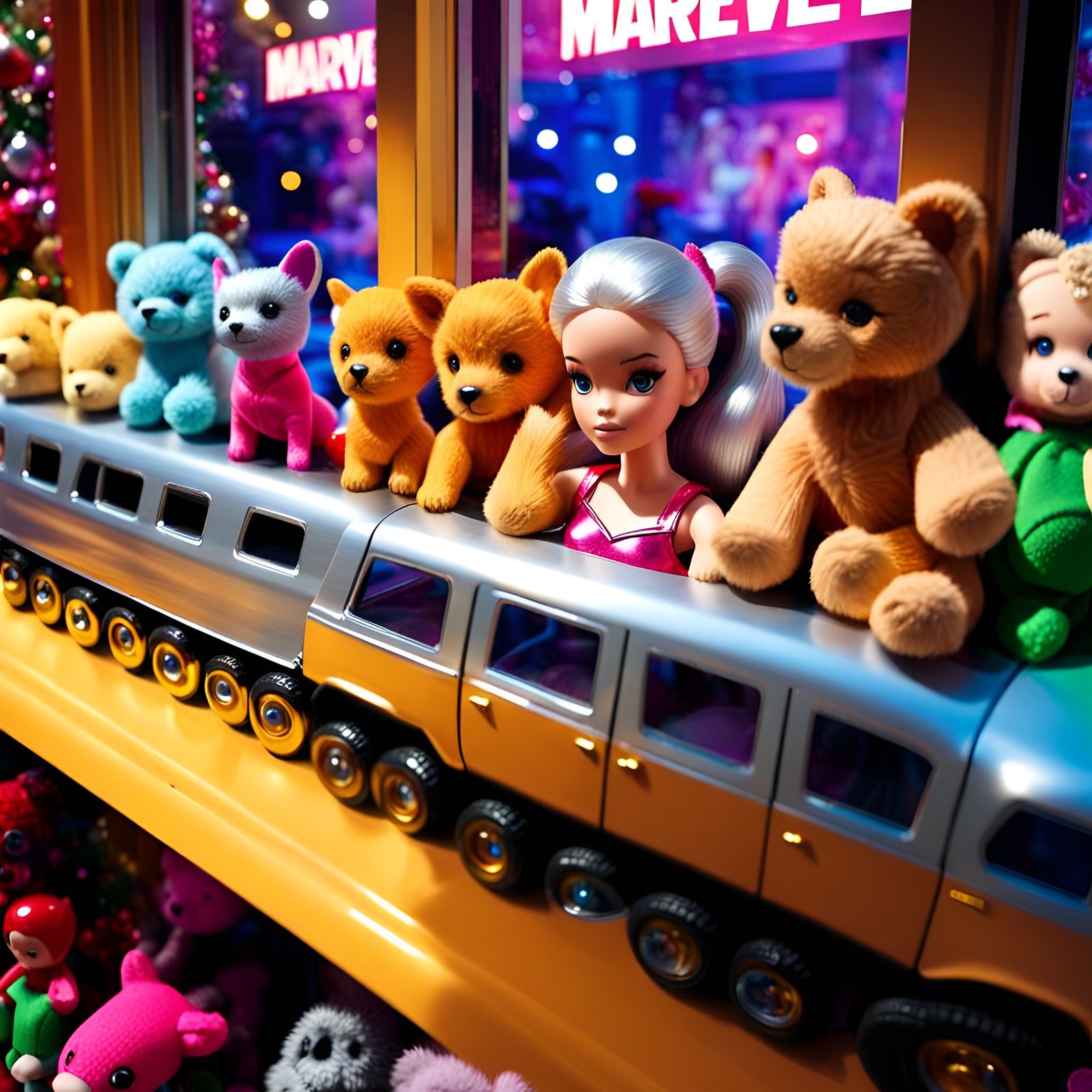 Festive Toy Store Window Display with Silver Tree