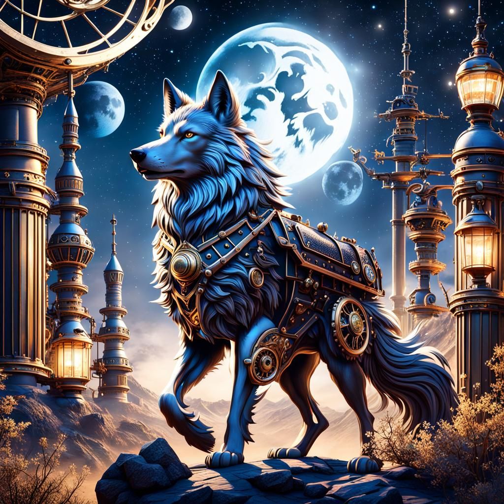 Steampunk Fantasy Wolf Howling at Moonlit Sky