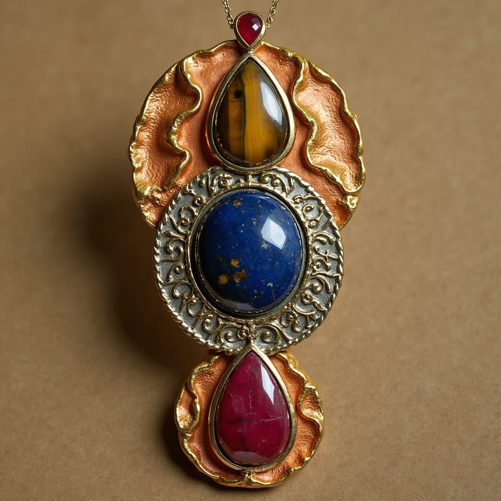 Ornate Copper and Gold Gemstone Pendant