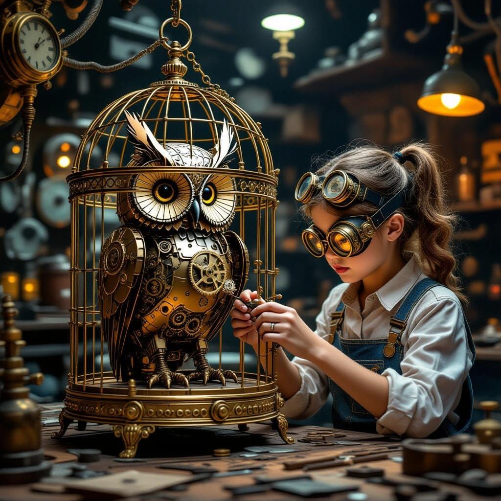 Steampunk Owl Repair in Gilded Cage