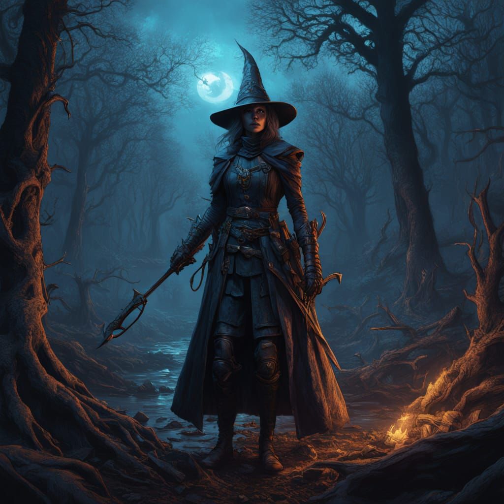 Female Witch Hunter in Dark Fantasy Landscape