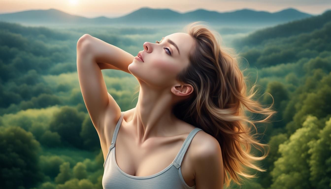 head and shoulder stand still picture of a beatifull and charming girl superposed with a beautifull landscape background...