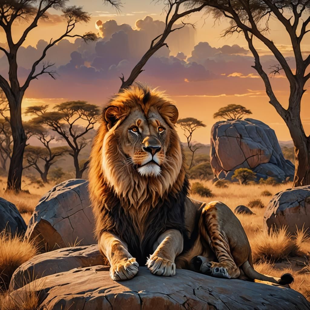 Regal Lion in Savannah: Vibrant Digital Painting