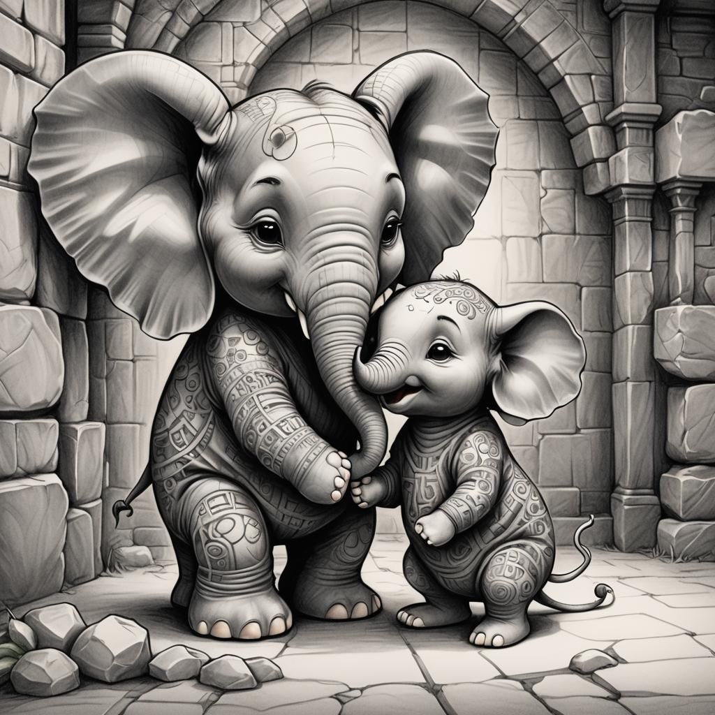 Elephant and Mouse Chibi Friendship Pencil Sketch