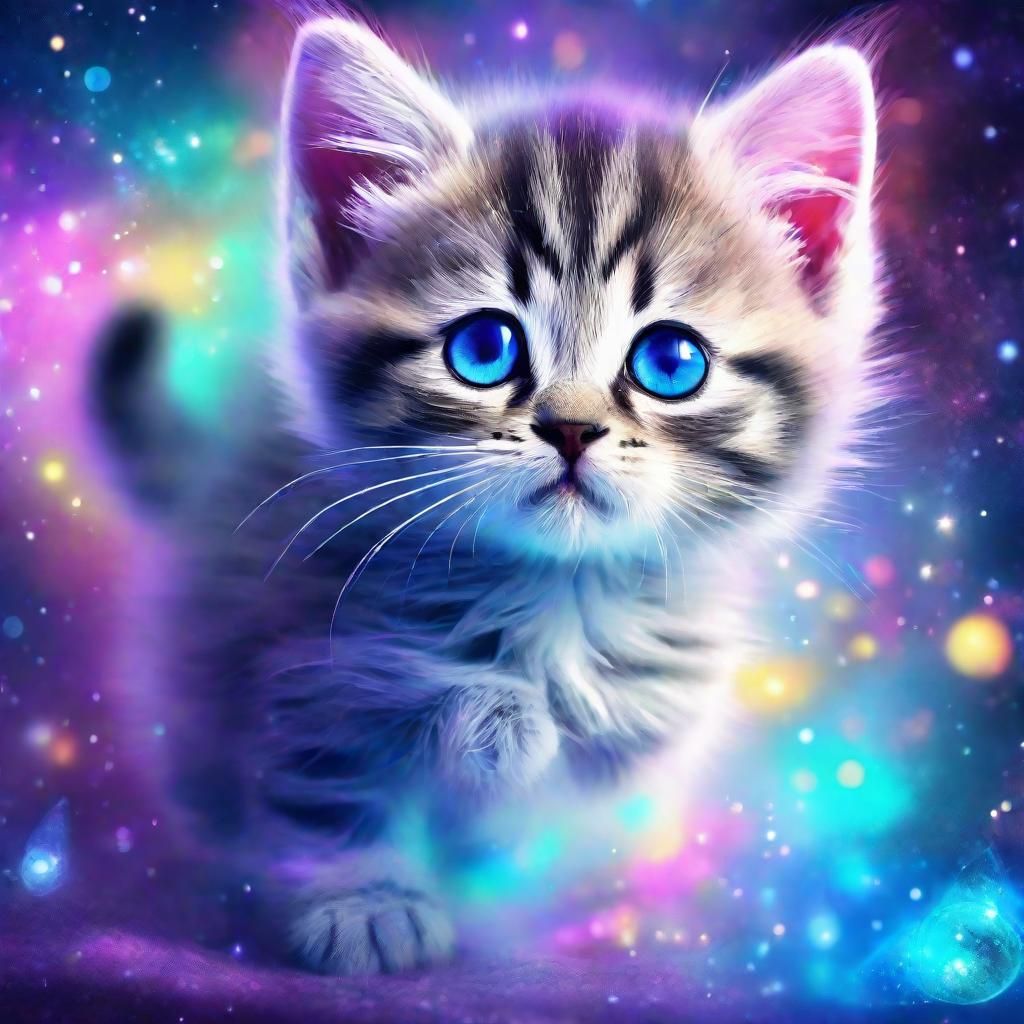 Adorable Kitten Showing Tummy in Cosmic Illustration