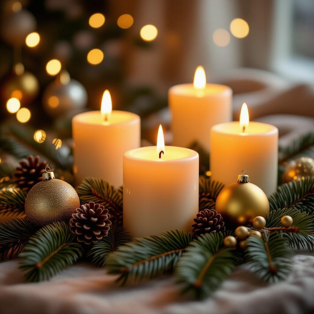 Peaceful Christmas Still Life with Candles and Ornaments