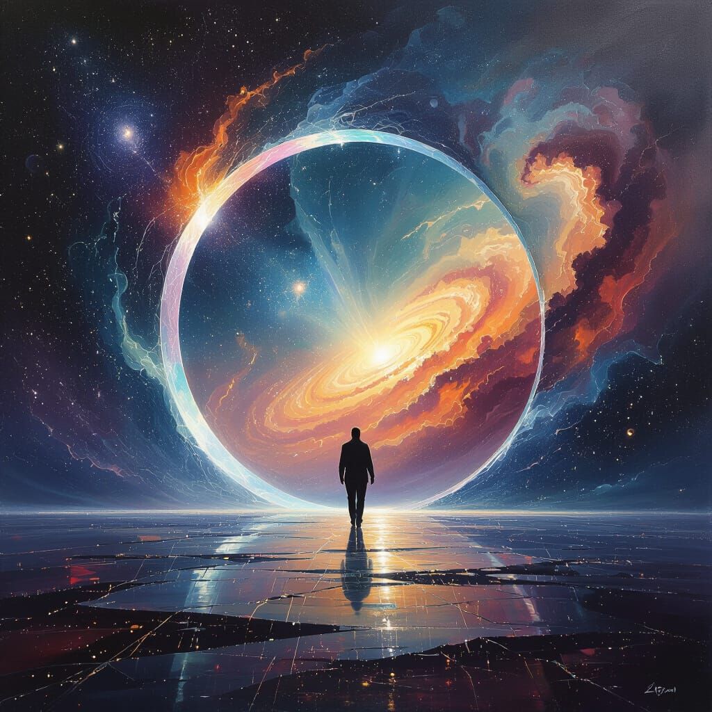 Figure Enters Cosmic Portal in Surreal Oil Painting