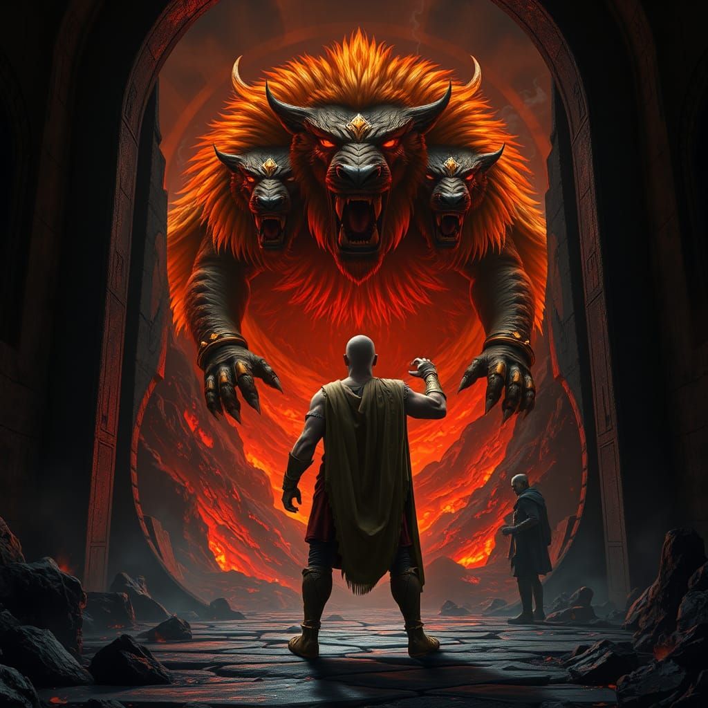 Hercules Confronts Cerberus at the Gates of Hell