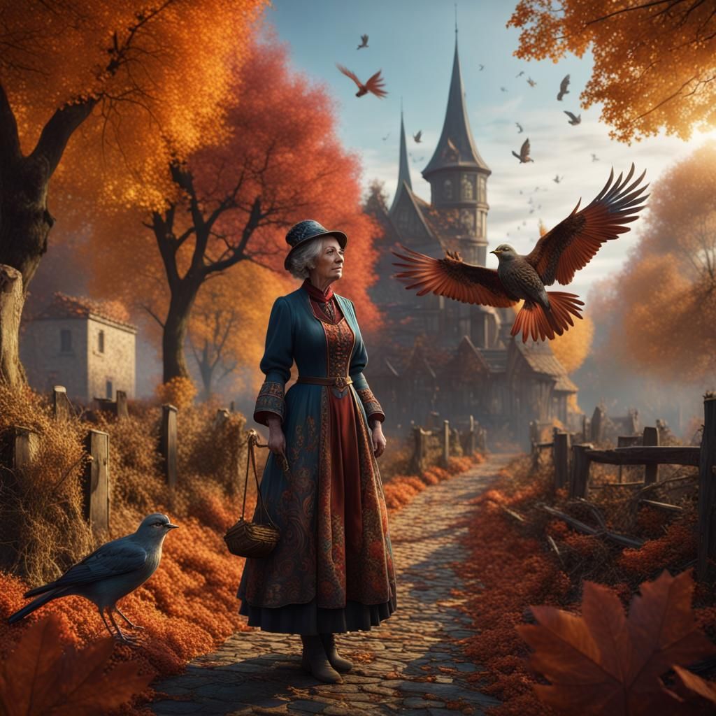 Autumn Scene: Old Woman Feeding Birds
