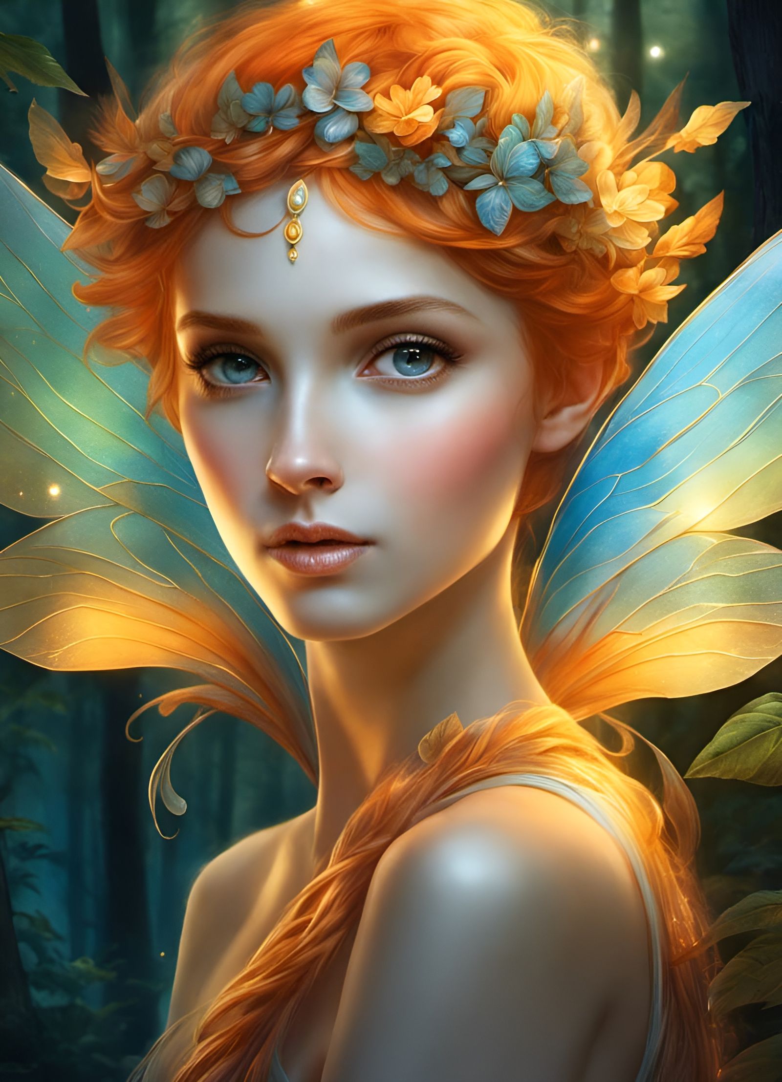 Opalescent Sunset Fairy in Forest, National Geographic Style