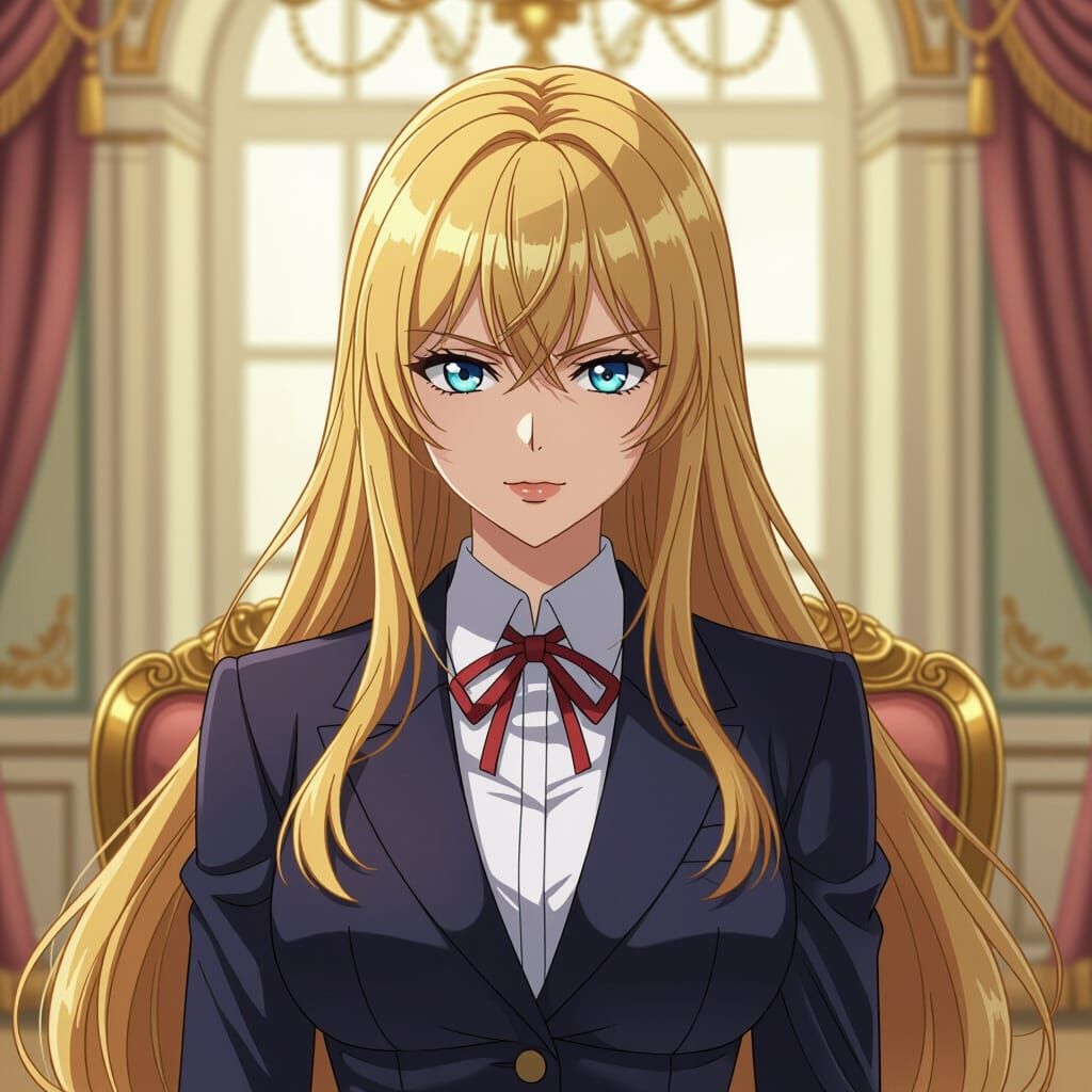 Determined Woman in Elaborate Suit, Anime Wallpaper Style