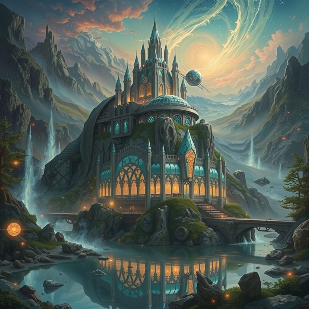 sci-fi aetherpunk glass castle; iridescent orange red blue g...