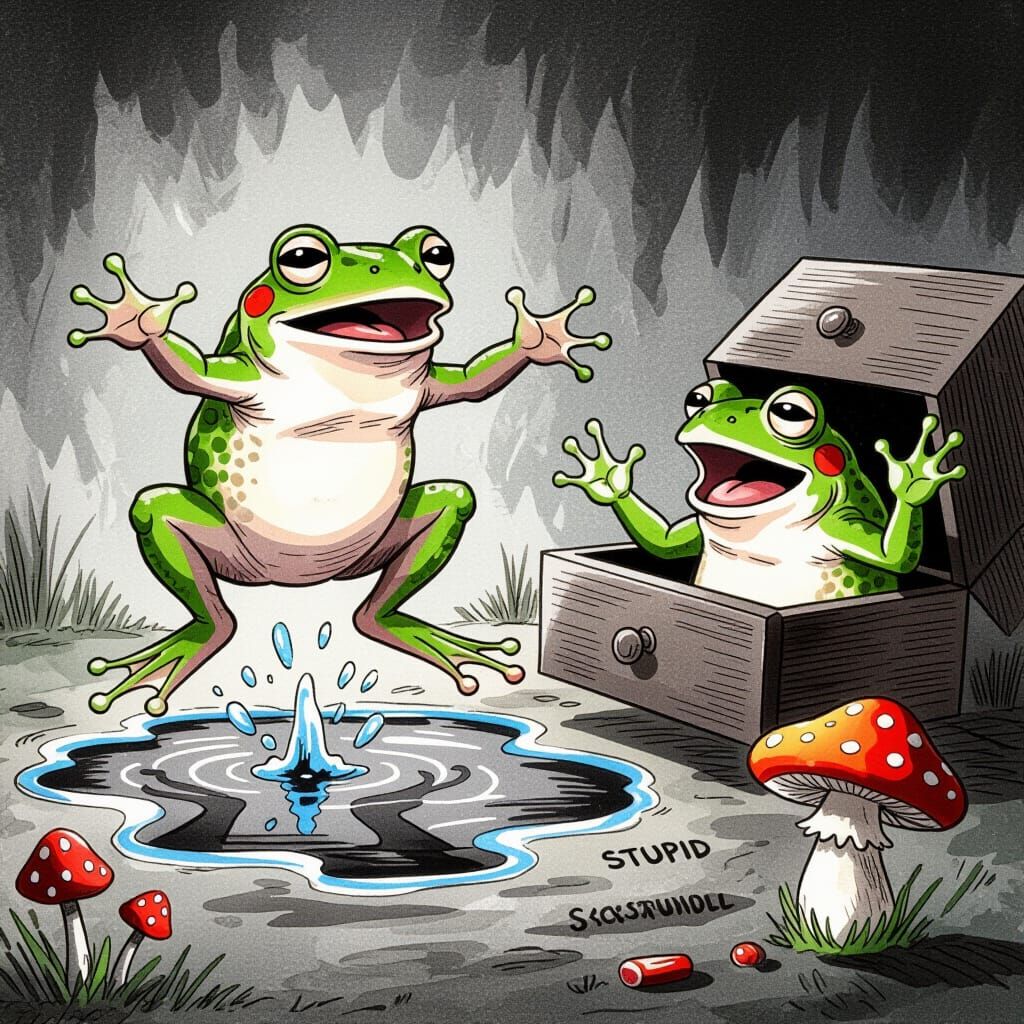 Frog's Surprised Leap: A Charcoal and Ink Illustration