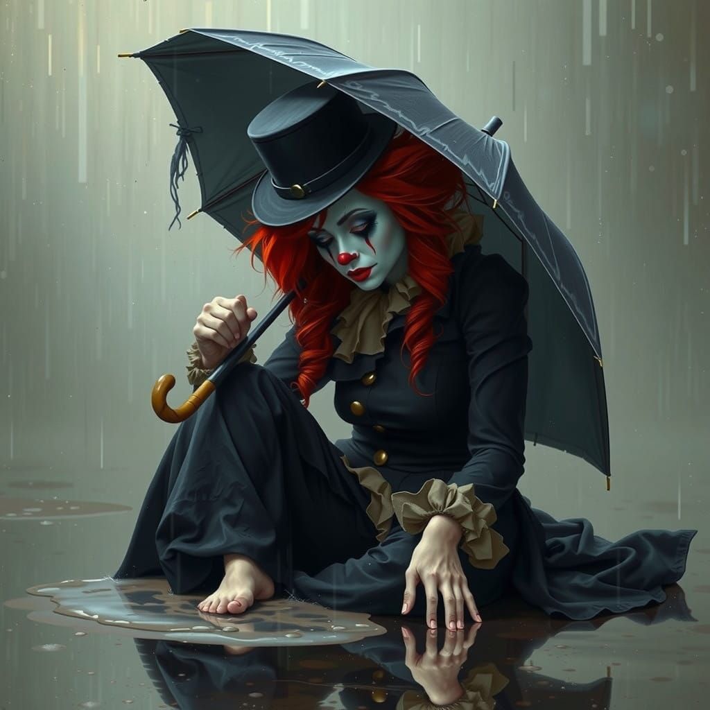 Forlorn Female Mime Clown in Rainy Despair