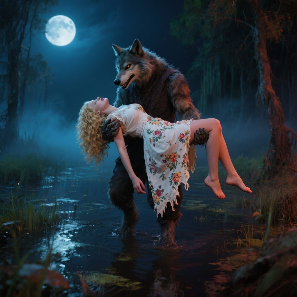 Wolfman in Misty Swamp with Woman, Hyperrealistic