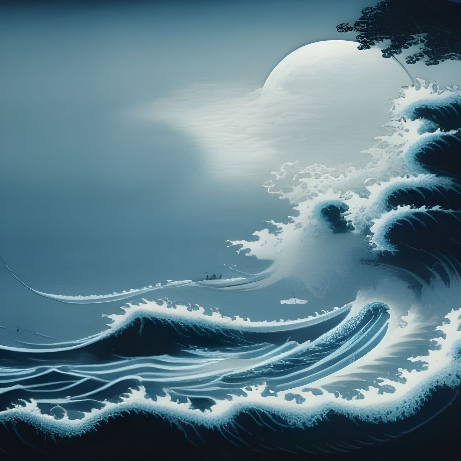Full Moon Sea Waves in Hokusai Style