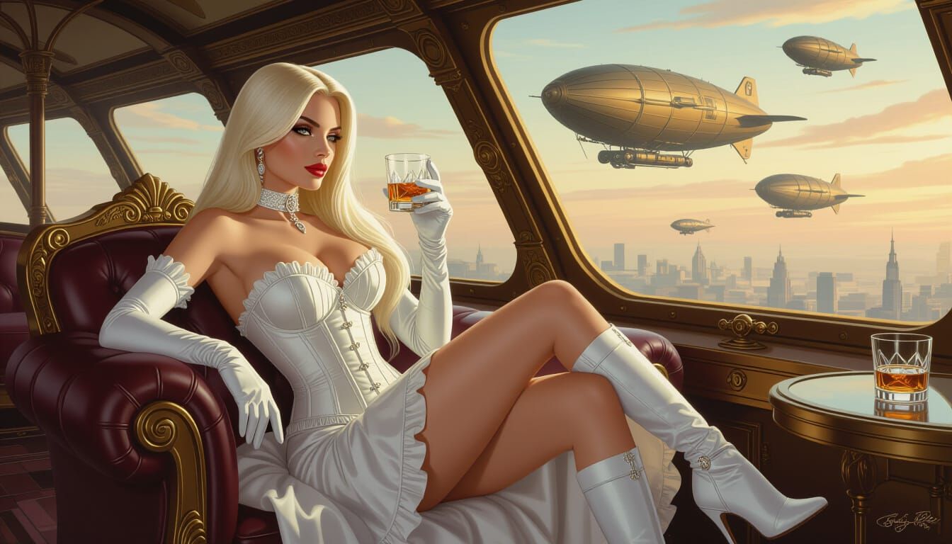 Steampunk Airship Lounge: Elegant Woman with Whiskey