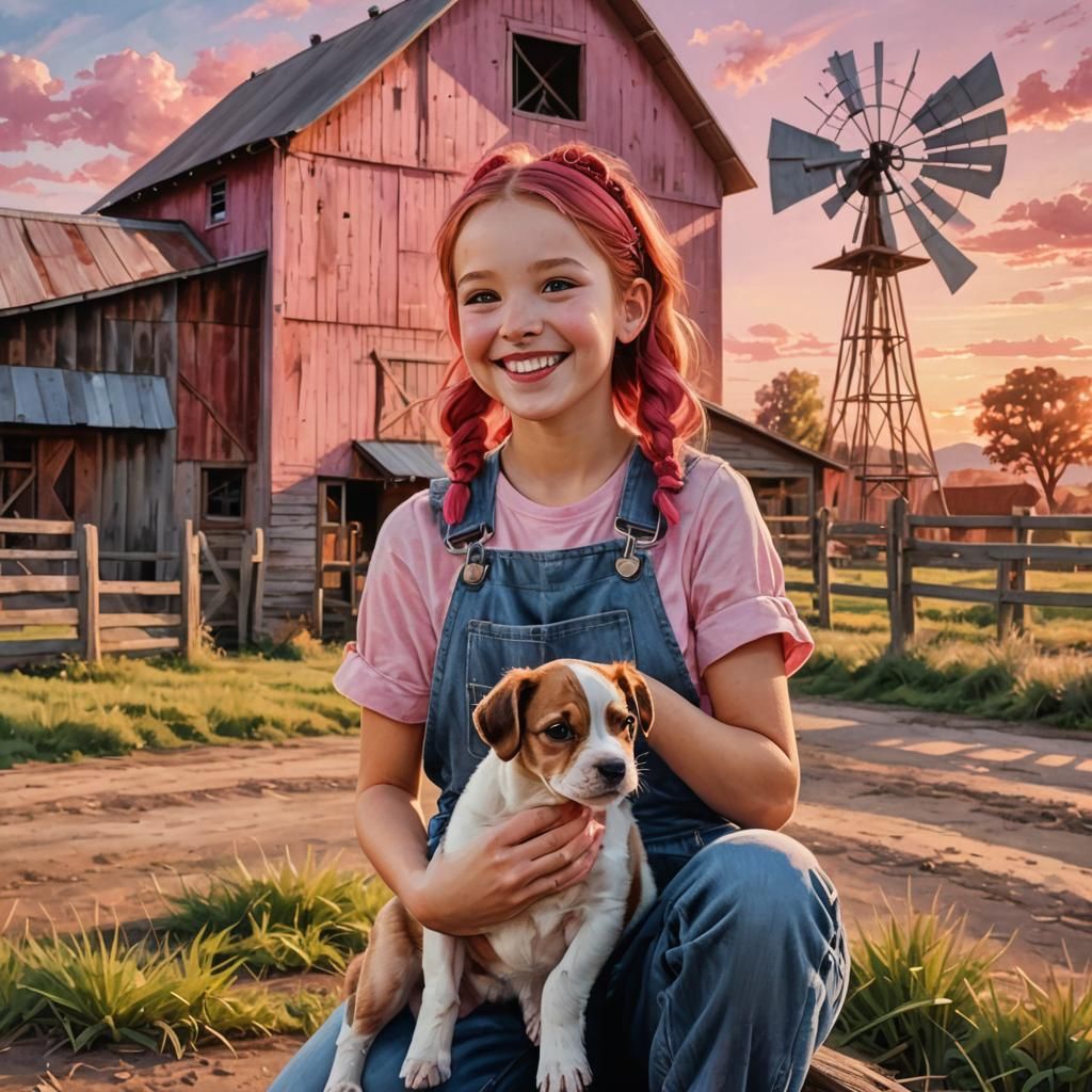 Monochromatic pink sunset, girl wearing denim overall, red pigtails and a smile without a tooth with a puppy in her arms...