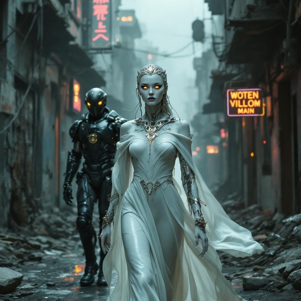 Graceful Woman in Post-Apocalyptic Cityscape