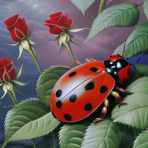 Ladybird on Rose: Hyperrealistic Impasto Mosaic