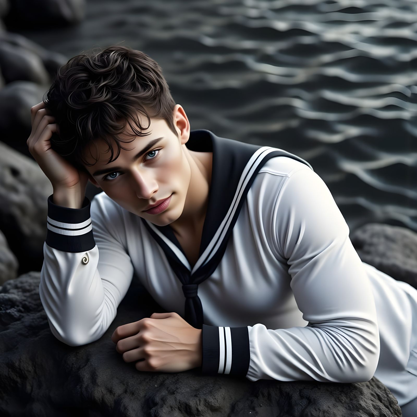 Young Sailor Reclining on Rock in Black and White