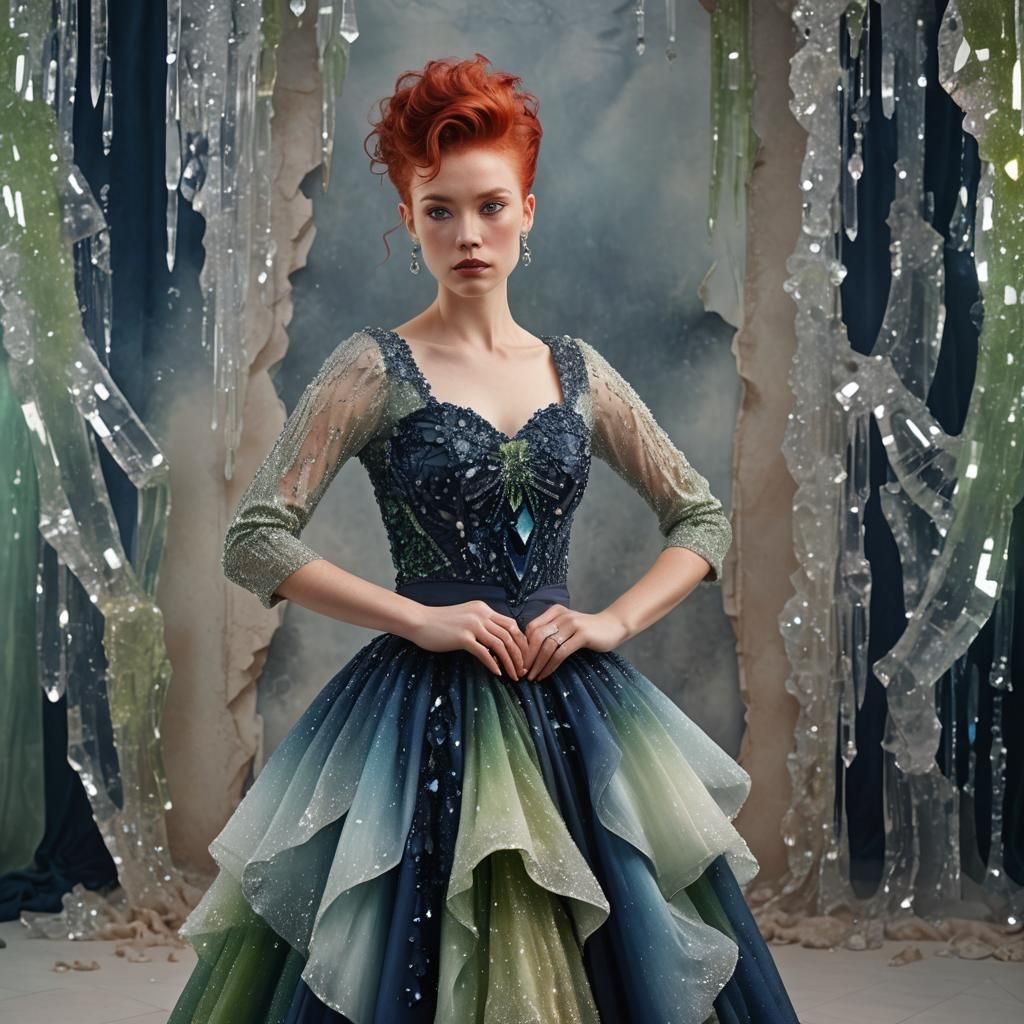 Woman in Crystal Dress, Hyperrealistic Ballroom Photo