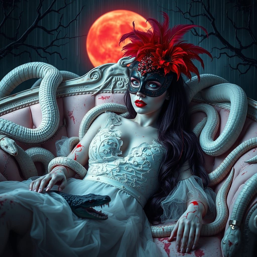 Gorgeous Woman with Carnival Mask and Snakes